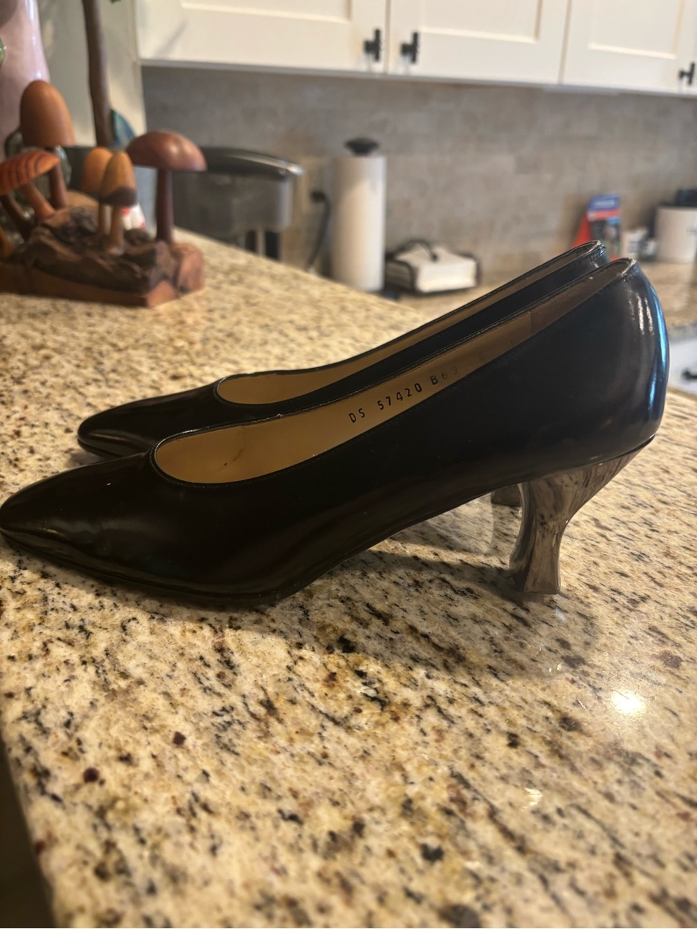 Salvatore Ferragamo smooth black leather sculptural smoke metallic heel low pump